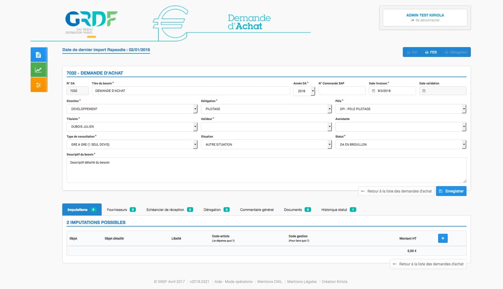 Interface de Demande achat